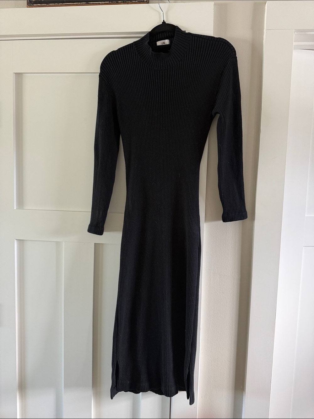 LPA black ribbed open back mock neck midi dress